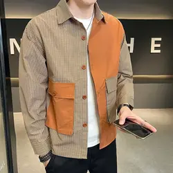 Spring Autumn New Turn-down Collar Long Sleeve Fashion Shirt Man High Street Casual Striped Printing Pockets Patchwork Cardigan