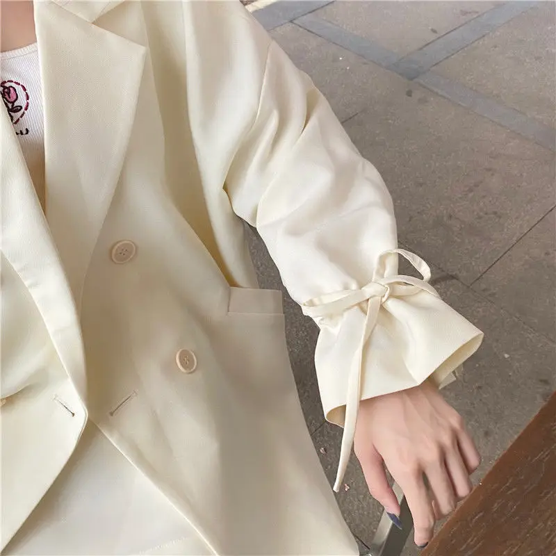 Blazers Women Kawaii Japanese Style Fashion Preppy Student Bandage Spring Loose Casual Ulzzang Double Breasted Sweet Simple Ins