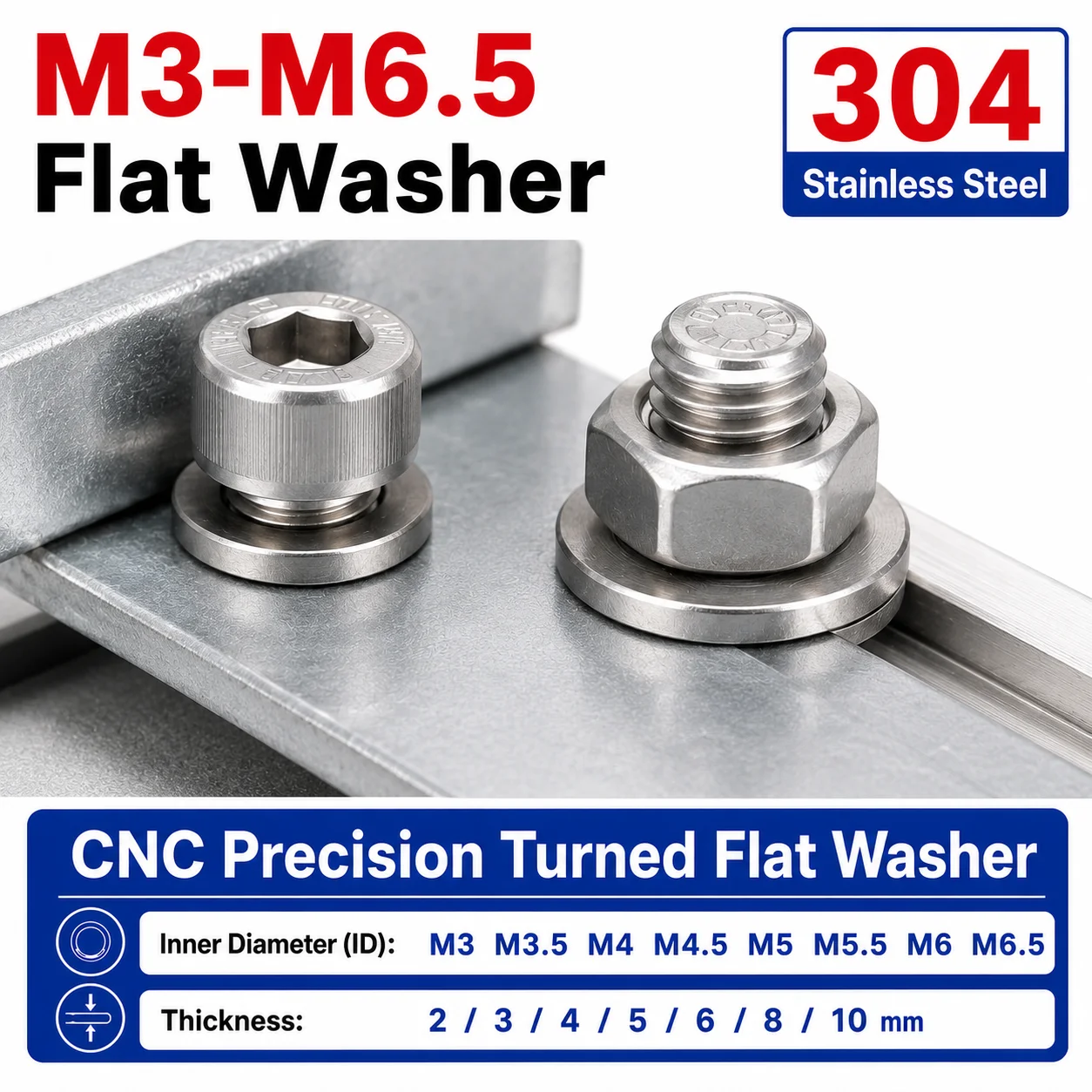 M3-M6.5 304 Stainless Steel CNC Precision Turned Flat Washer Gasket Thick 1.5/2/3/4/5/6/8/10mm