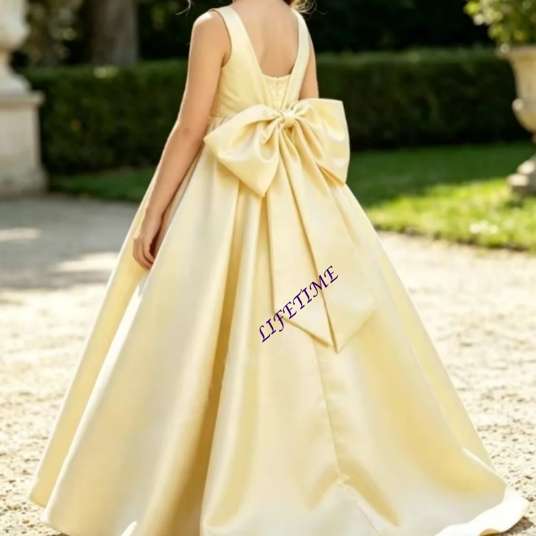 Customized Girl's Red Satin Princess Dress with Elegant Shiny Pearls A-Line Long Design for Children's Stage Performance And Ban