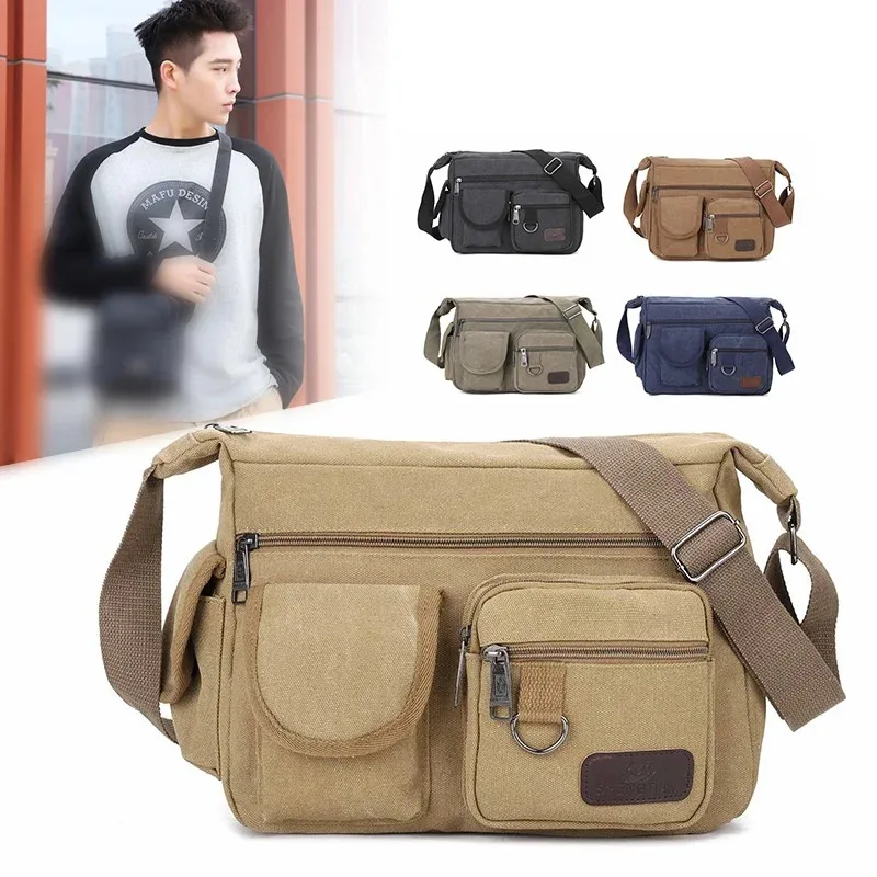 Men's Crossbody Bag Vintage Canvas Adjustable Straps Multiple Zipper Pockets Durable Outdoor Hiking Shoulder Pack