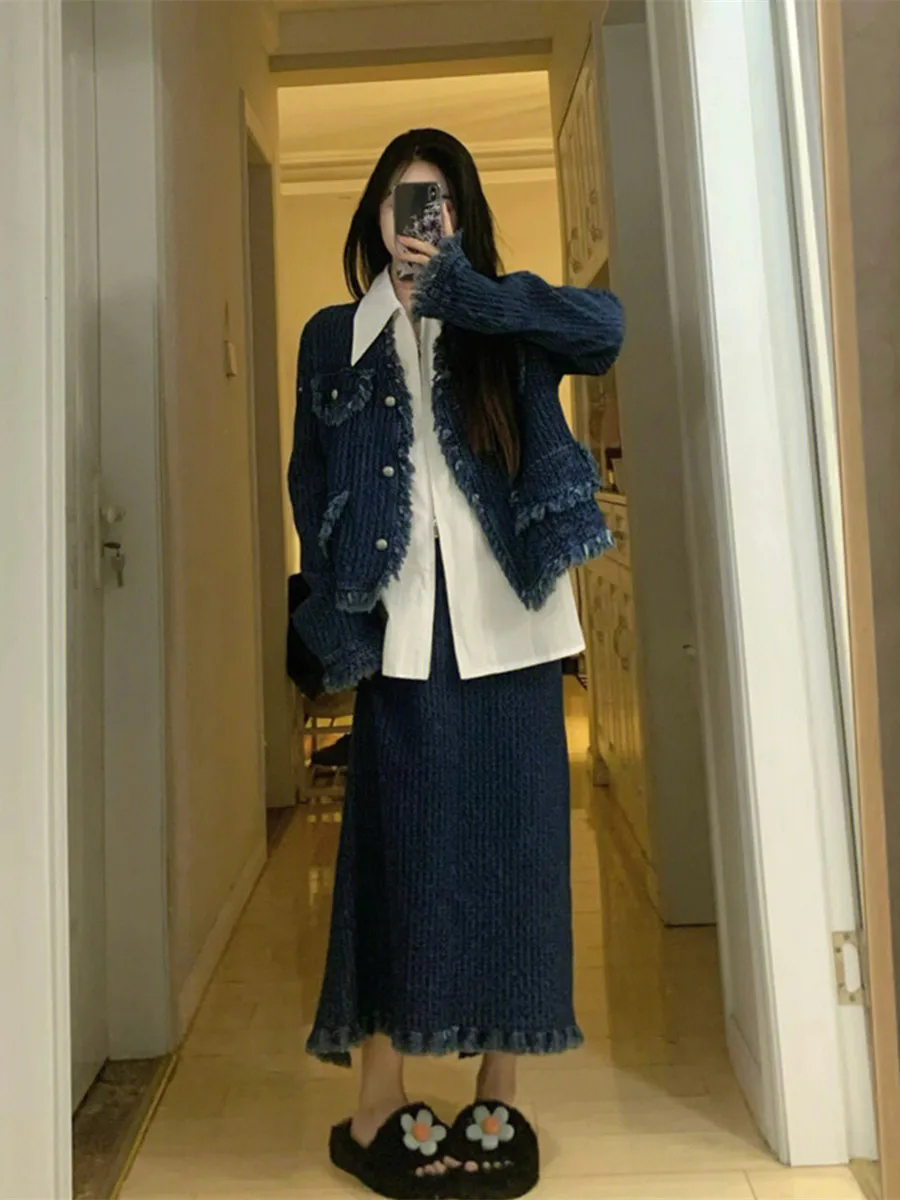 

plus Size Women's Denim Jaet And High Waist Skirt Set Faionable Commute Sle V-Ne Long Sve Button Closure Jeans