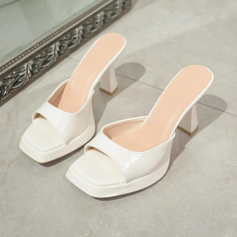Quadratische Plateau-Stiletto-Flip-Flops für den Sommer, NewToe, offene Zehen, rutschfest, rutschfest, verschleißfest, High Heels