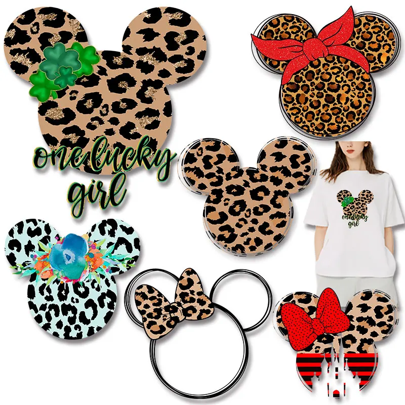 

Leopard print Minnie with bow, clover, flowers applique for cloth Heat Transfer PVC Patch easy to use DIY Appliques