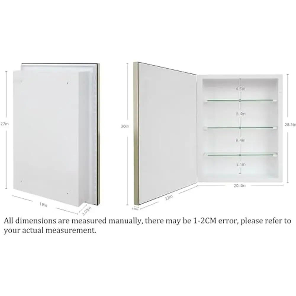 Bathroom Mirror Cabinet with Beveled Edge Recess/Surface Mount Glass Shelves Retro Style 22x30