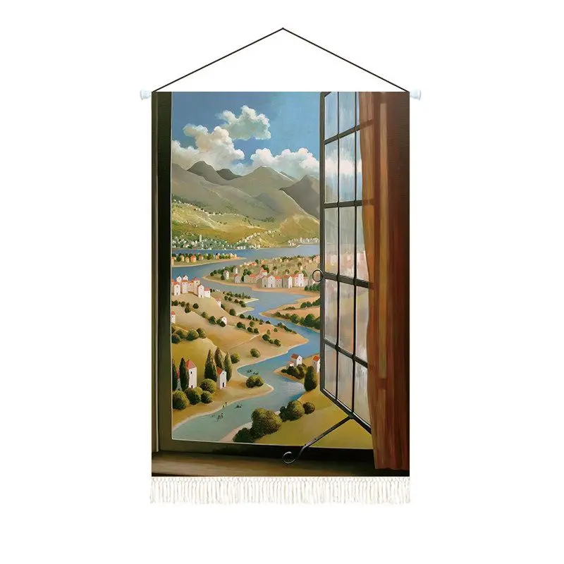 VIKAMA Fake Window Mountain View Tapestry Wall Hanging Nature Scenery Wall Art for Bedroom Home Decor