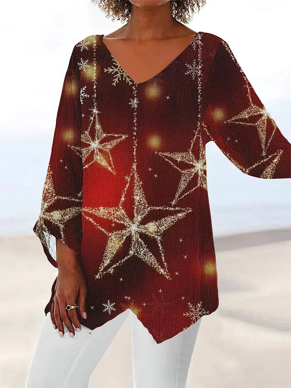 T-shirt for Women 2023 Fall New Fashion Loose Sequins Star Print Long-sleeved V-neck Blouse