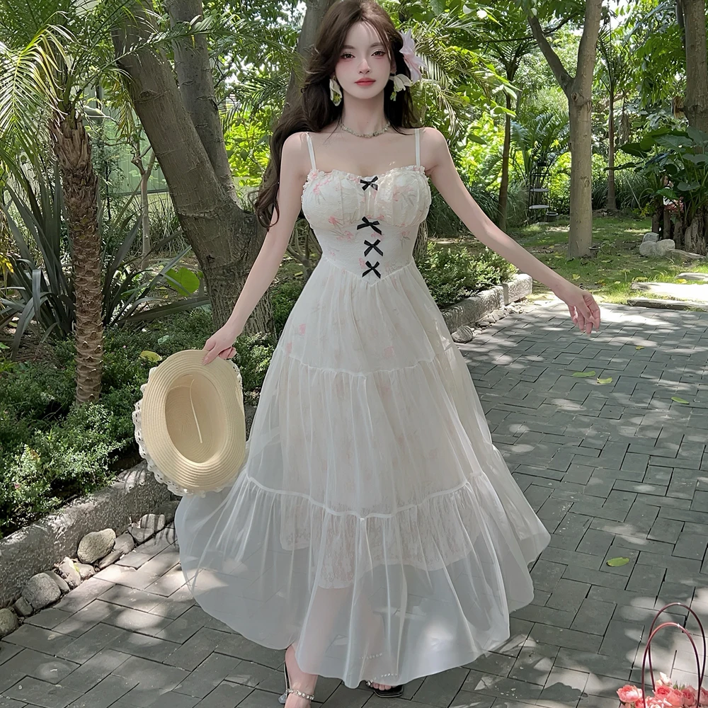 2025 ภาษาฝรั่งเศสคําVINTAGEเซ็กซี่Backlessโบว์ตาข่ายสปาเก็ตตี้ชุดเก๋ฤดูร้อนชายหาดFairycore Vestidosวันหยุดเสื้อผ้าผู้หญิง