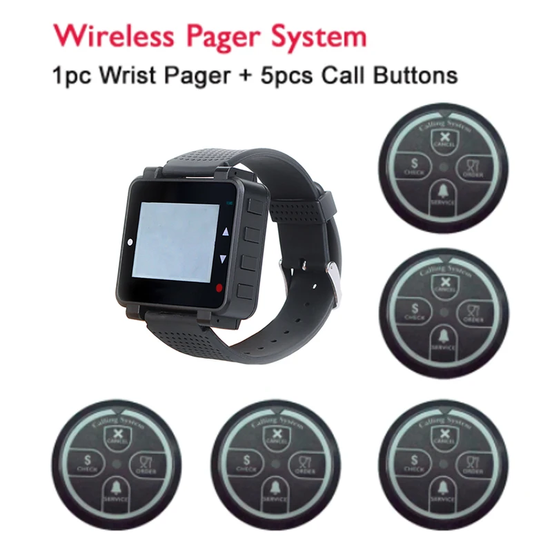 

Smart Wireless Calling System 1pc Wrist Watch Pager and 5pcs 4 Key Call Buttons, POCSAG Paging System 137-931 MHz for Restaurant