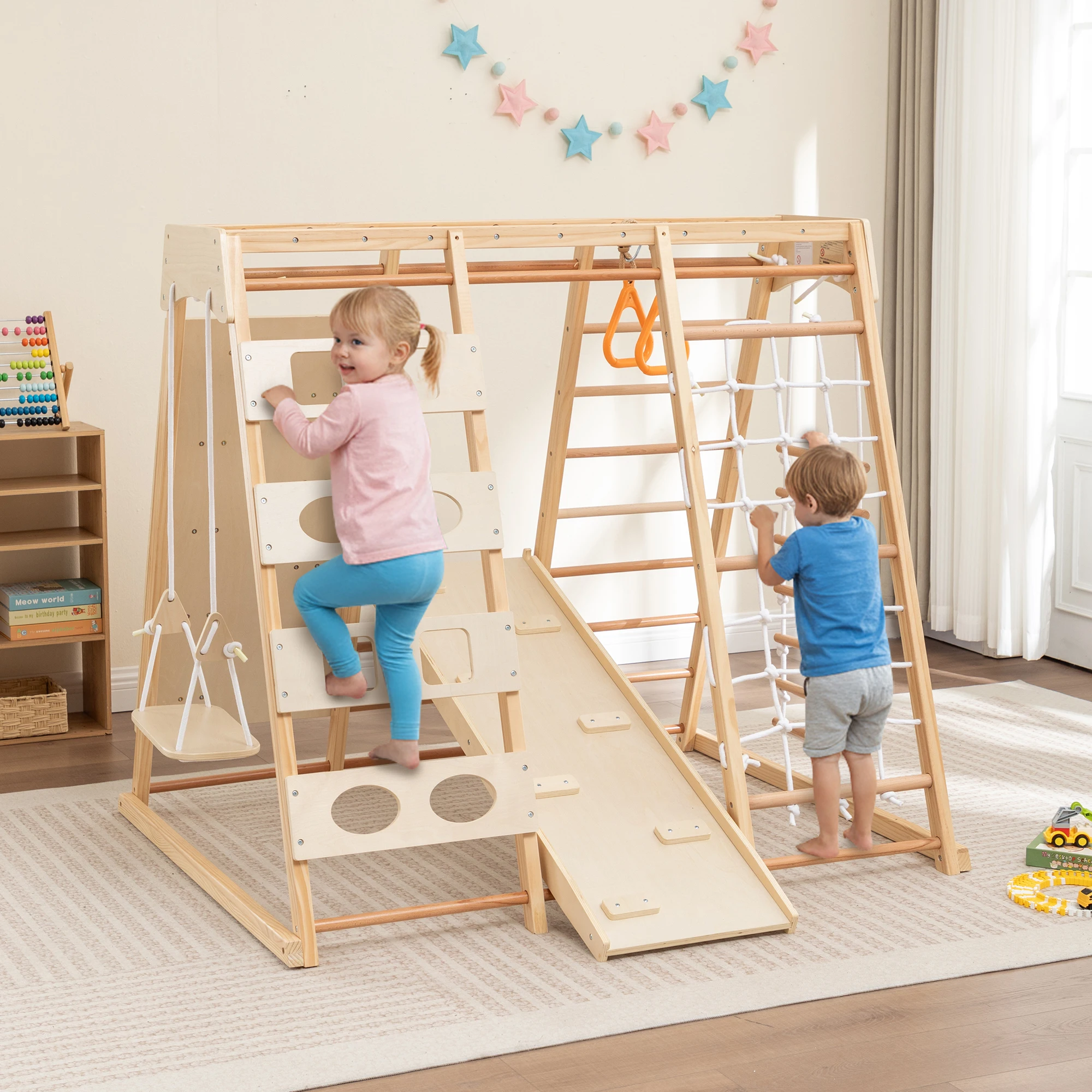 

9-in-1 Wooden Toddler Play Structure with Slide & Climbing Wall, Heavy Duty 176 lbs, Safe Natural Wood, Balance & Strength Toy