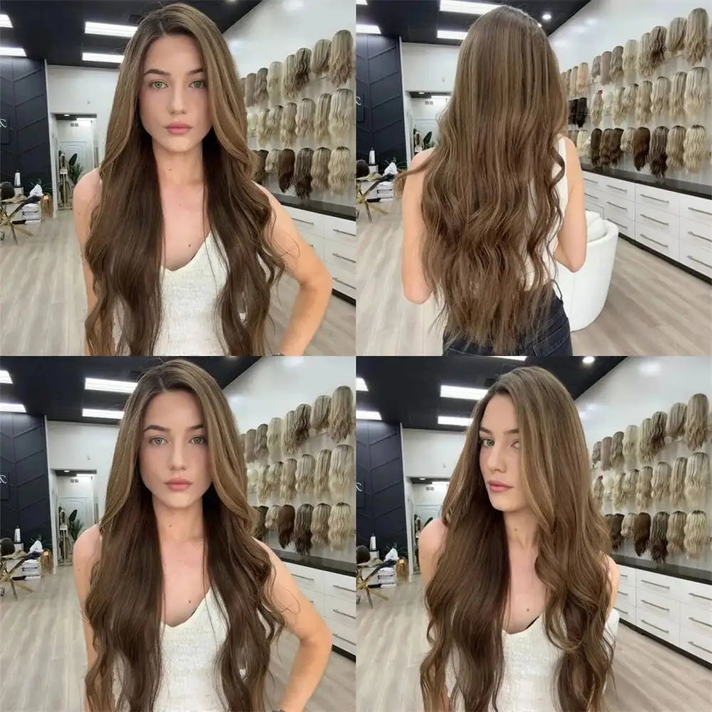 

Парик высокого качества 13x4 Ombre Темно-коричневый мелирование Синтетический парик фронта шнурка 28-дюймовый мягкий длинный парик с объемной волной Предварительно выщипанная линия волос