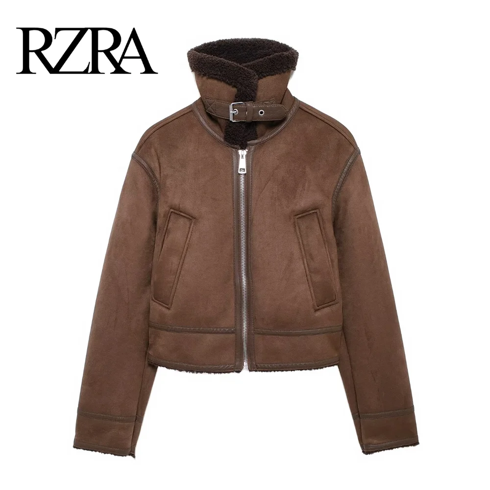 

RZRA2024 new winter women's lapel zipper decorated fur integrated inner fleece double-sided jacket for commuting warmth