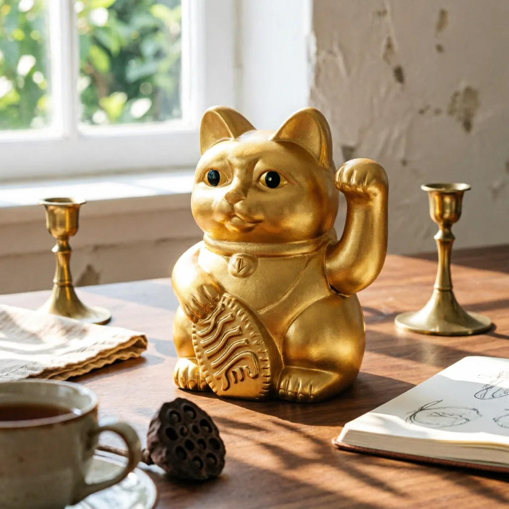 Maneki Neko with Gold Ingot Miniature Auspicious Cat Cat Figurine with Ingot Mini Sculpture Cute for Business Owners