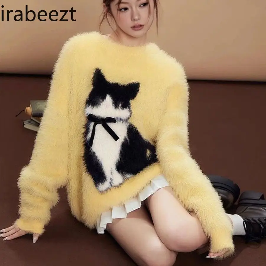 Chinese Fluffy Sweater Female Kitten Bow Loose Fit Wind Long Cute Knitted Top LOOSE FIT Womans Long Sleeve Pullovers