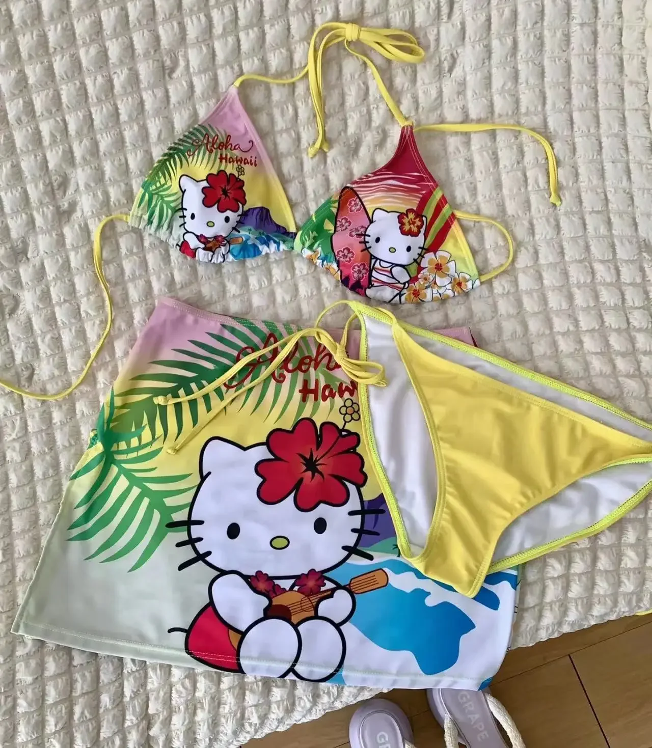 3Pcs Sanrio Hello Kitty Y2K Swimsuit Set for Women Bikini Sexy Hot Girls Sexy Underwear Bra Thong Girl Beach Birthday Gift