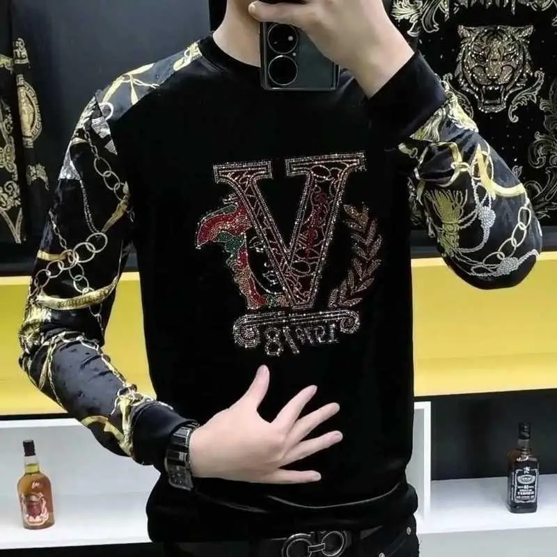 Spring and Autumn Men's Flower Sleeve Bottom Shirt Versatile Hot Diamond Sweater Slim and Skinny T-Shirt Long sleeves