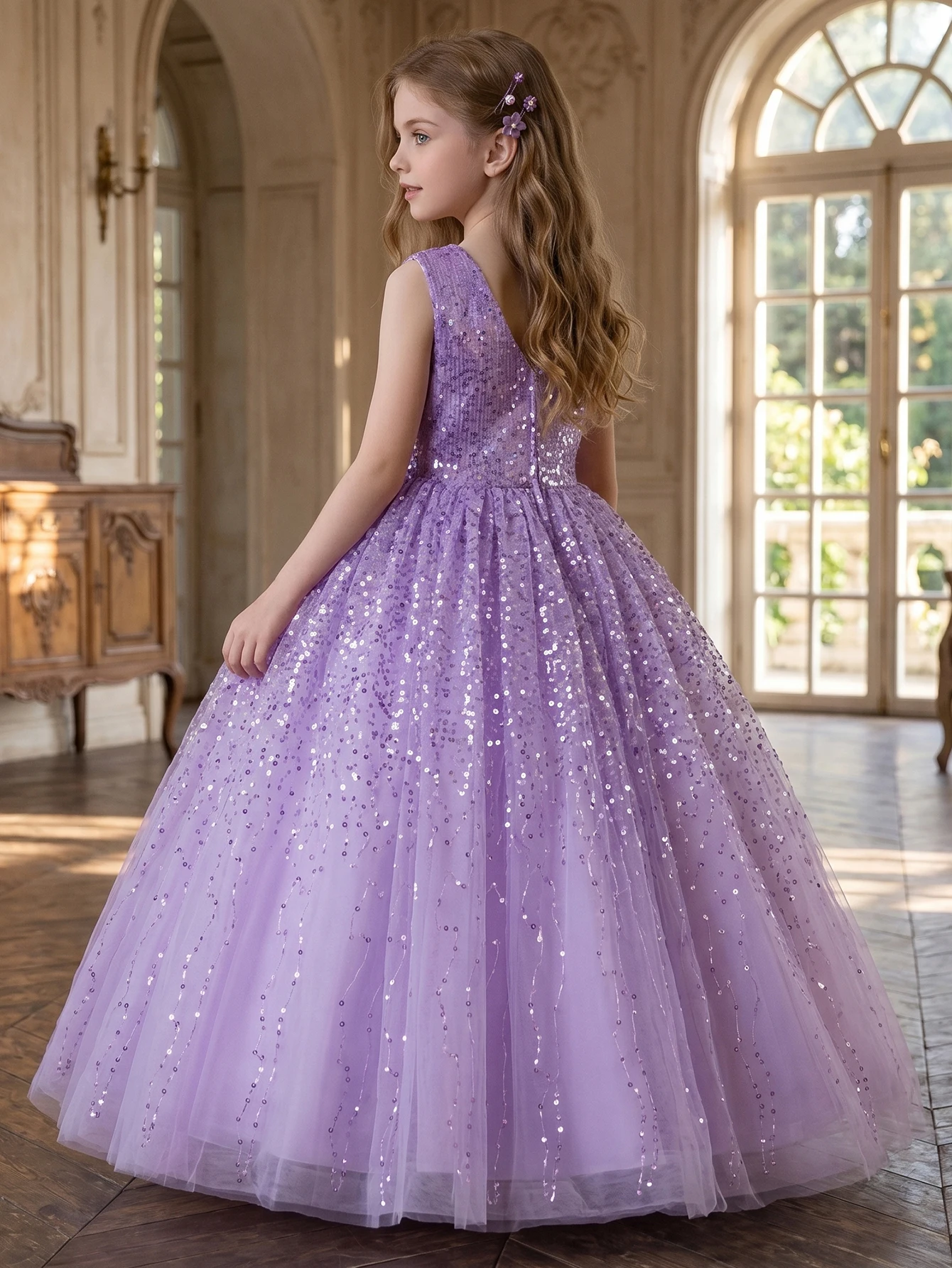 Tween Girl Purple Sleeveless Blouse with Sequins Netting Party Dress, Birthday, Formal Occasions, Prom Dress, Wedding, Partywear