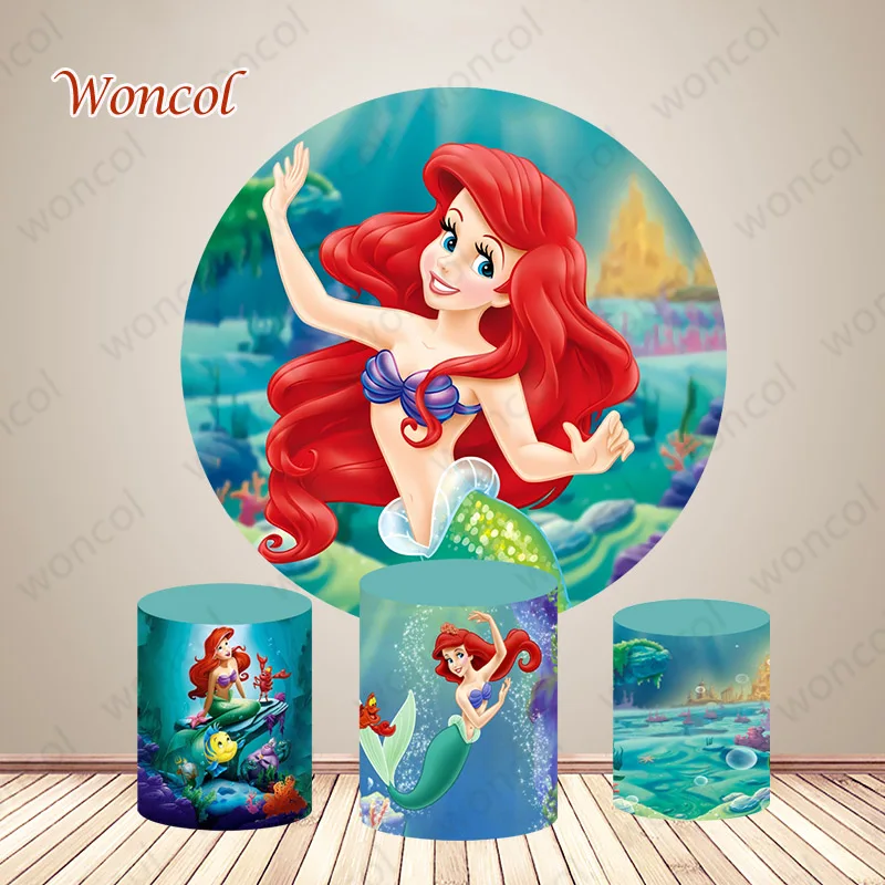 Little Mermaid Ariel Round Backdrop Baby Shower Girls Birthday Backdrop Under The Sea Disney Mermaid Cylinder Cover Decor Prop