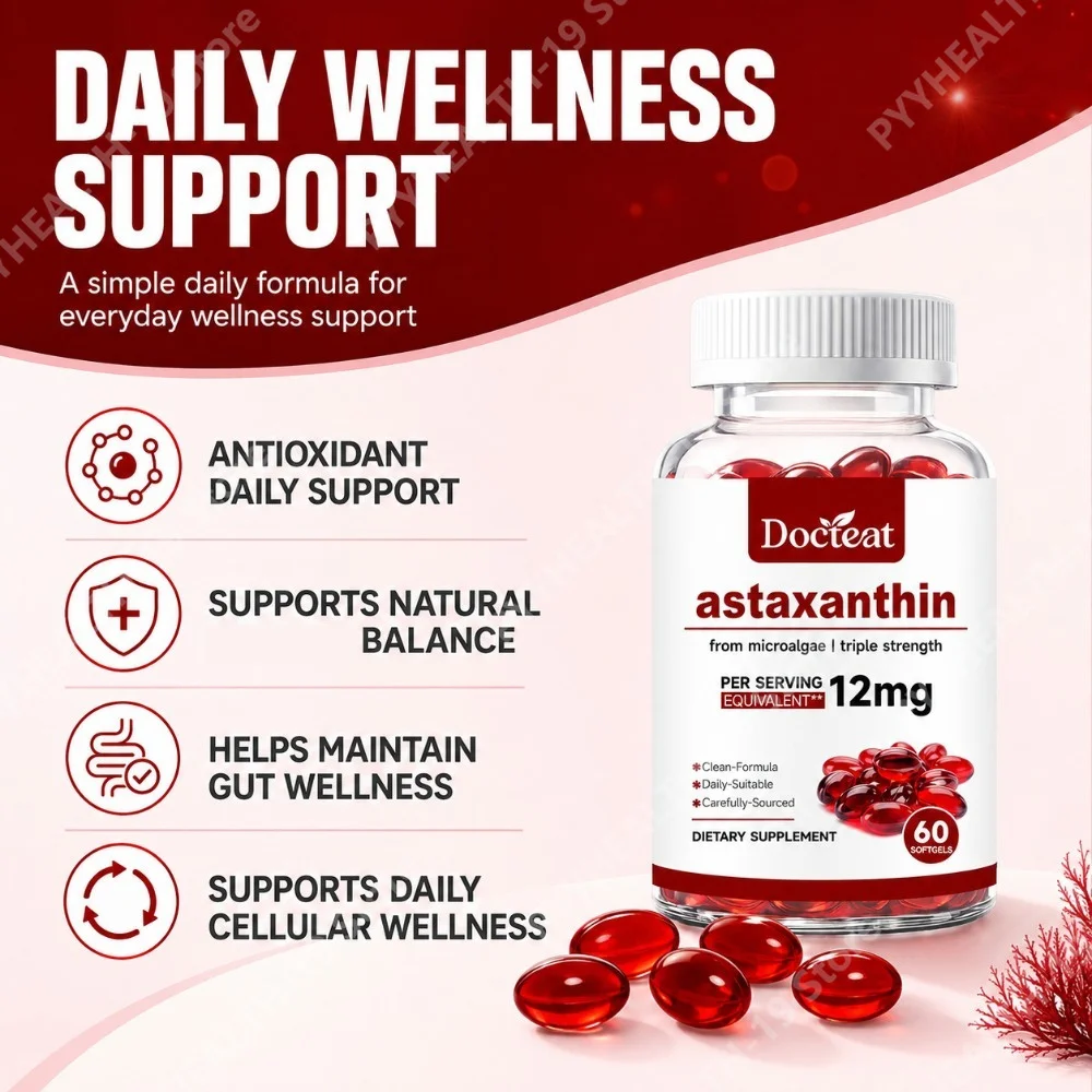 Docteat Astaxanthin Softgels Microalgae Triple Strength 12mg For Antioxidant Cellular Immunity Defense Support Adult 60 Softgels