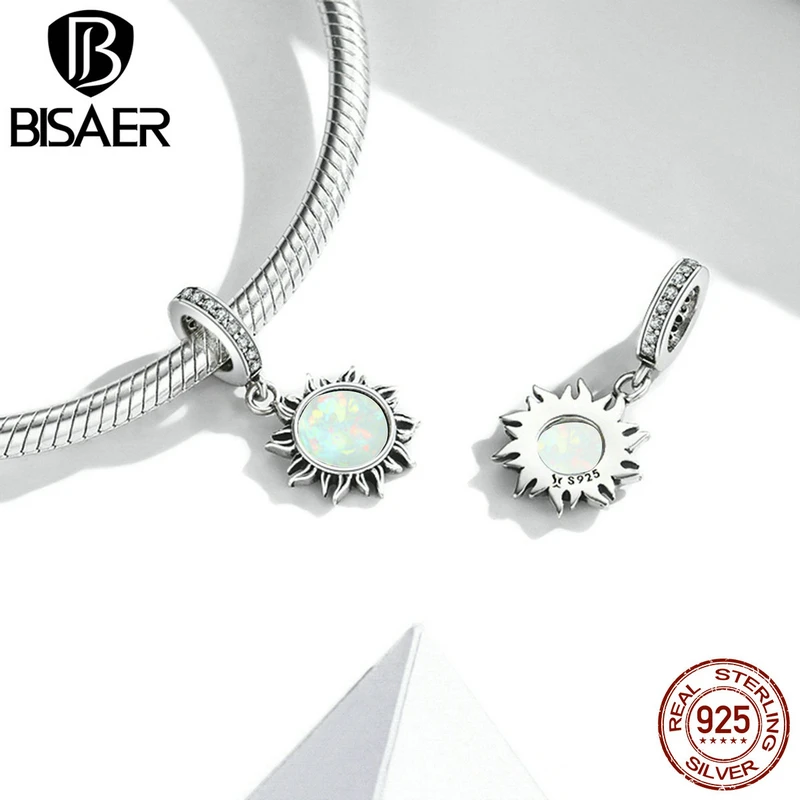 BISAER 925 Sterling Silver Bright Sun Pendant Shining Stars Charm Plated Platinum Beads Fit Bracelet Necklace DIY Fine Jewelry