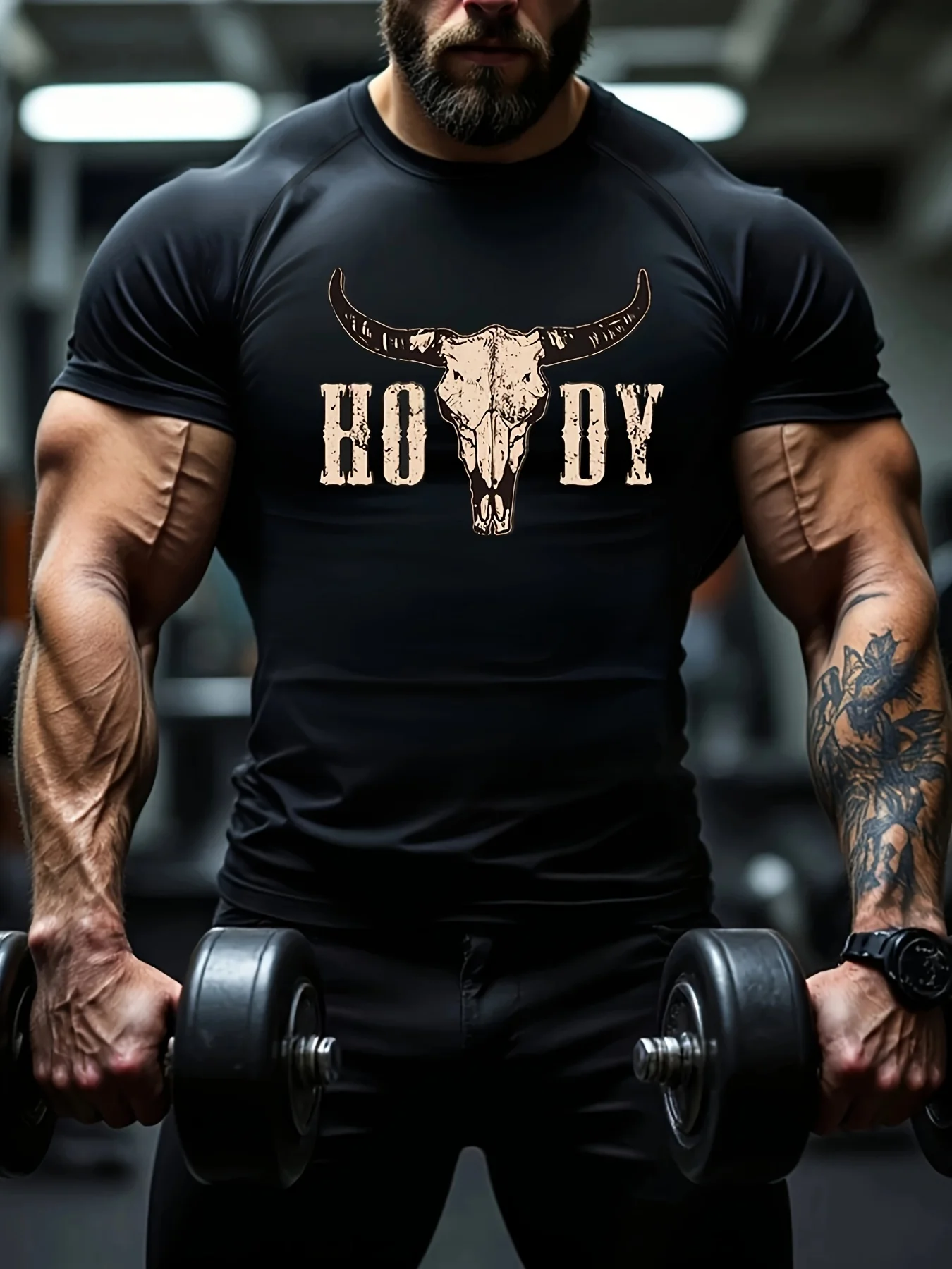 Camiseta de algodón con diseño de calavera de toro, estilo retro occidental, para hombre, Fitness, Muscle, color negro