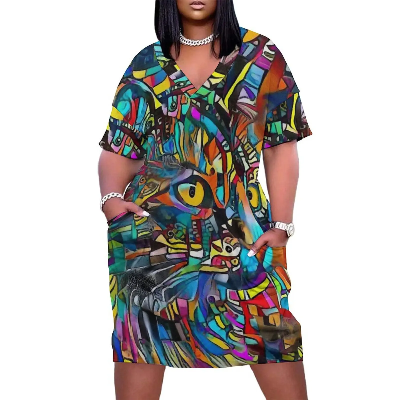 Ugür, cat, chat, cat, lea roche paintings Loose Pocket Dress women long dresses beach dress Clothing