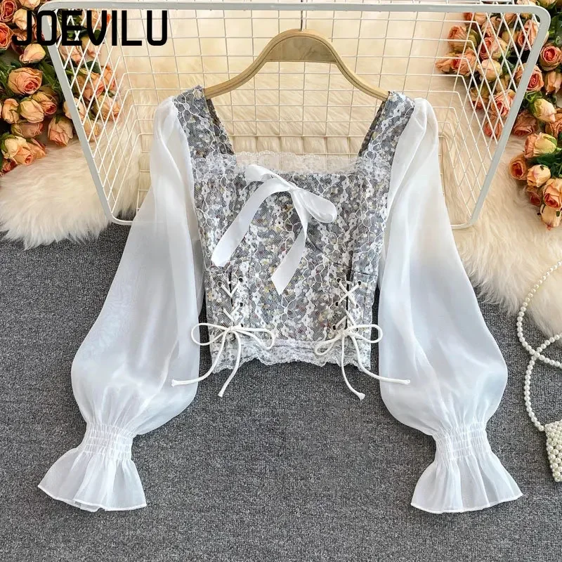 JOEVILU Floral Lace Crop Tops for Women Chic Shirt High Waist Skinny Exposed Navel T-shirt Korean Fashion Y2k Aesthetics Blouse