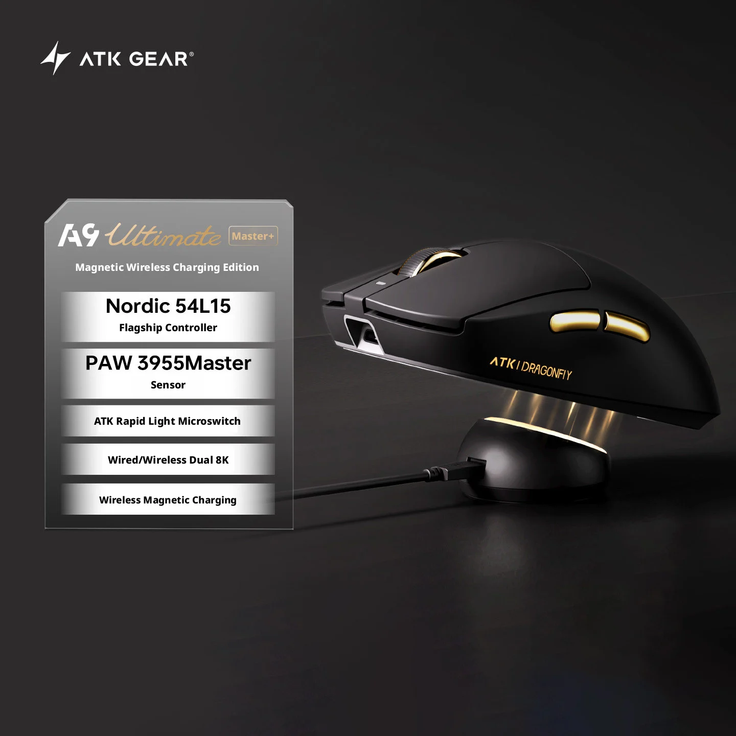 New ATK A9 Ultimate Master+ Magnetic Charging Wireless Mouse Medium-Large Hand PAW3955Master Dual 8K Magnetic Dock 800mAh