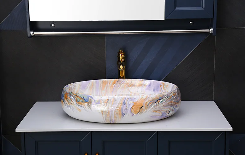 New European-style hotel large colored ceramic washbasin oval art basin on the stage