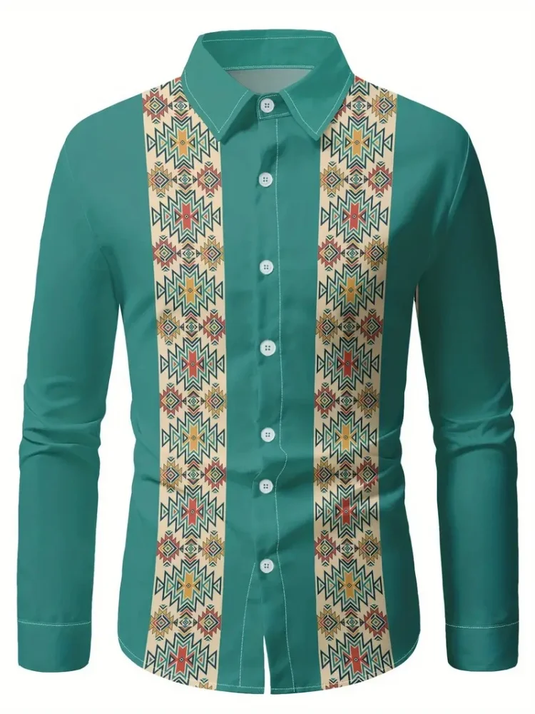 2025 새로운 남성 빈티지 패션 긴 소매 버튼 다운 셔츠 캐주얼 옷깃 3d 민족 인쇄 봄/가을 streetwear 야외상의