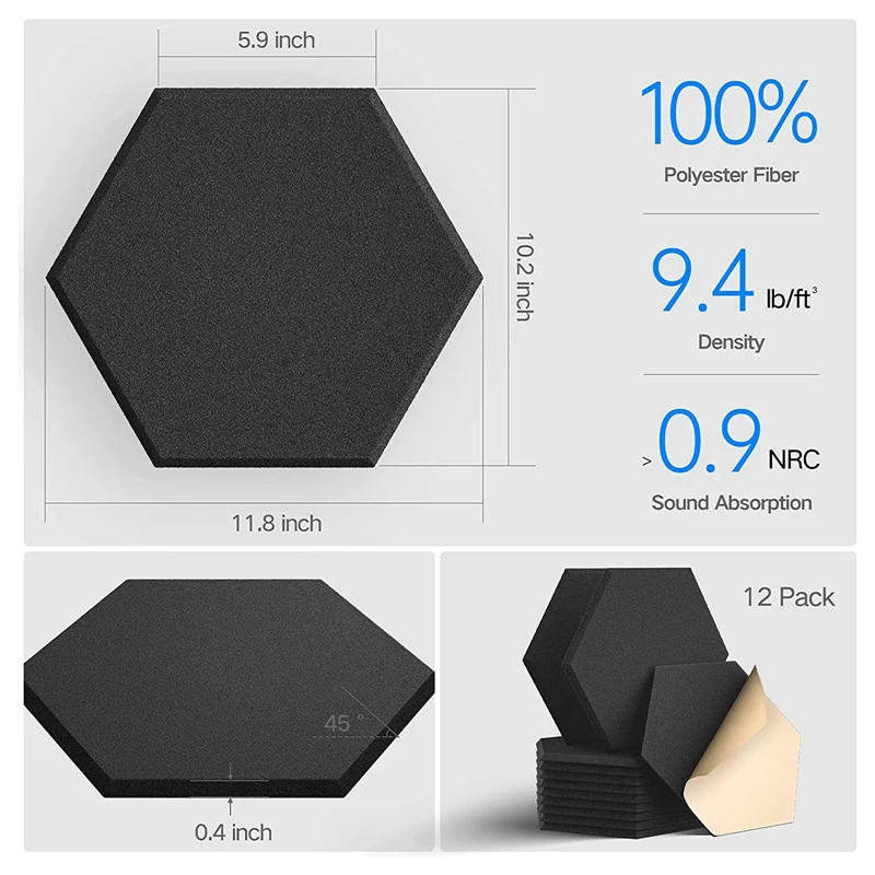 12 Pack Self-Adhesive Acoustic Panels, 12X10X 0.4 Inch Soundproof Foam Panels,Hexagon Soundproof Panels