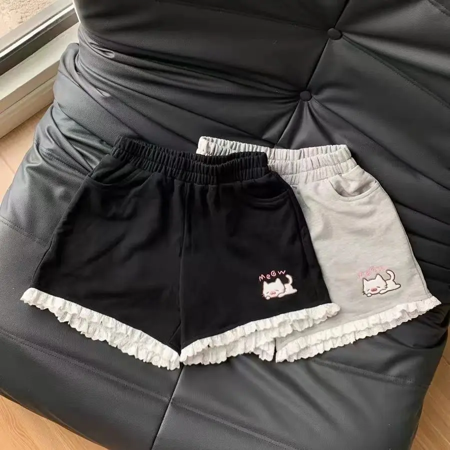 

Onalippa Japanese Cute Kitten Embroidered Lace Splicing Shorts Women Summer Soft Girl Versatile Wide Leg Shorts Trendy