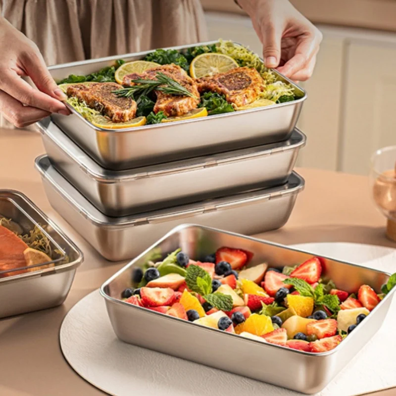 Lot de 3 boîtes de conservation alimentaire rectangulaires en acier inoxydable avec couvercle, pour nouilles, fruits, ou comme boîte à lunch, épaisses