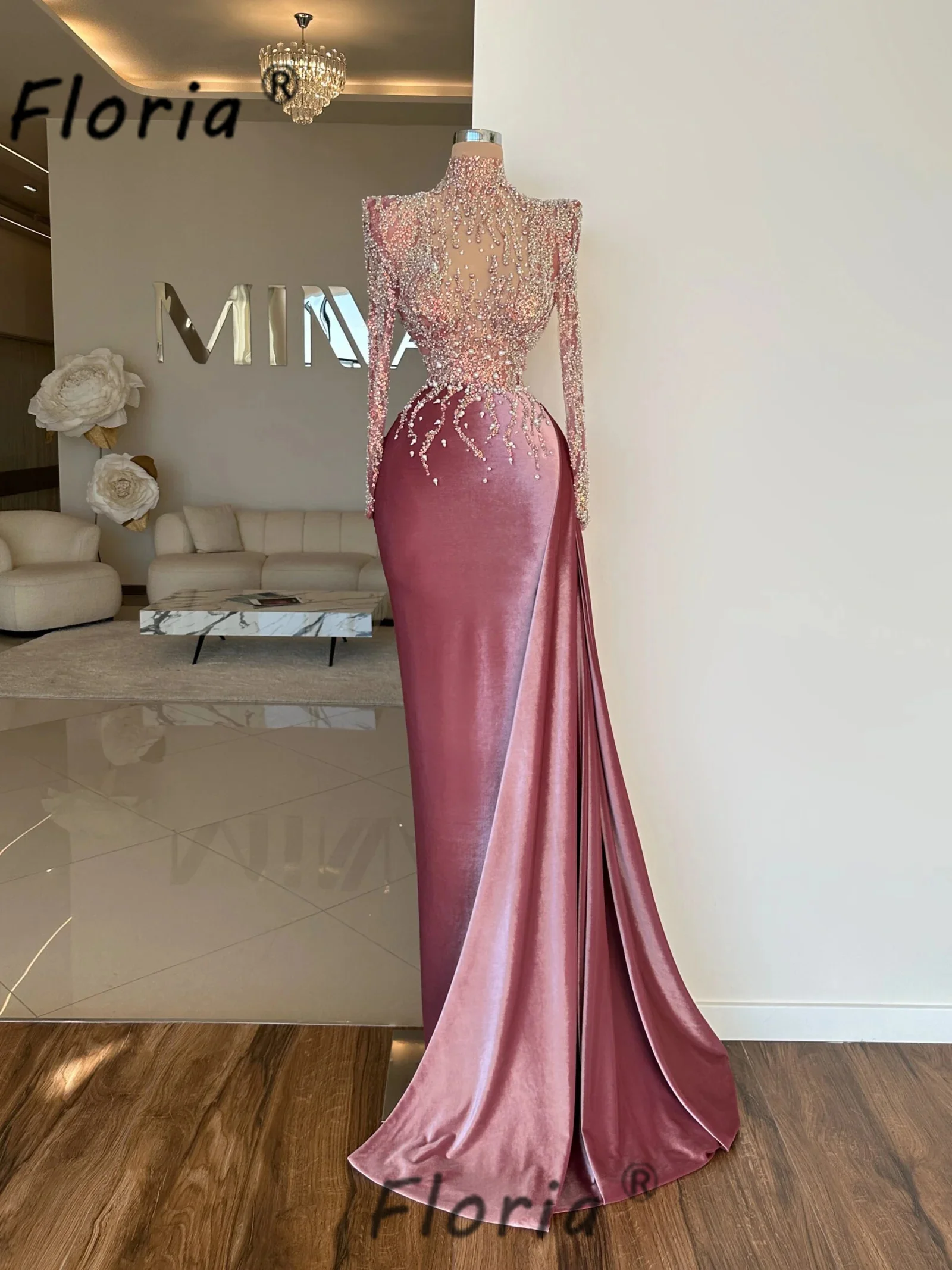 Shinning Evening Dress Elegant Beaded Pearls Velvet Customized Prom Dresses See Through Formal Party Gowns Vestidos de fiesta