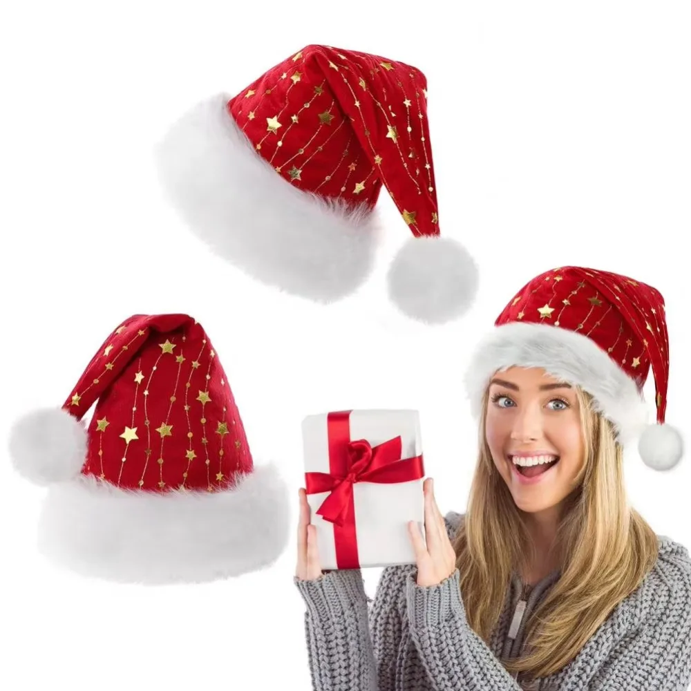 Unisex Fluffy Brim Golden Star Christmas Hat Red with Ball Santa Hat Velvet Thickened Christmas Decorative Hat Gift 6