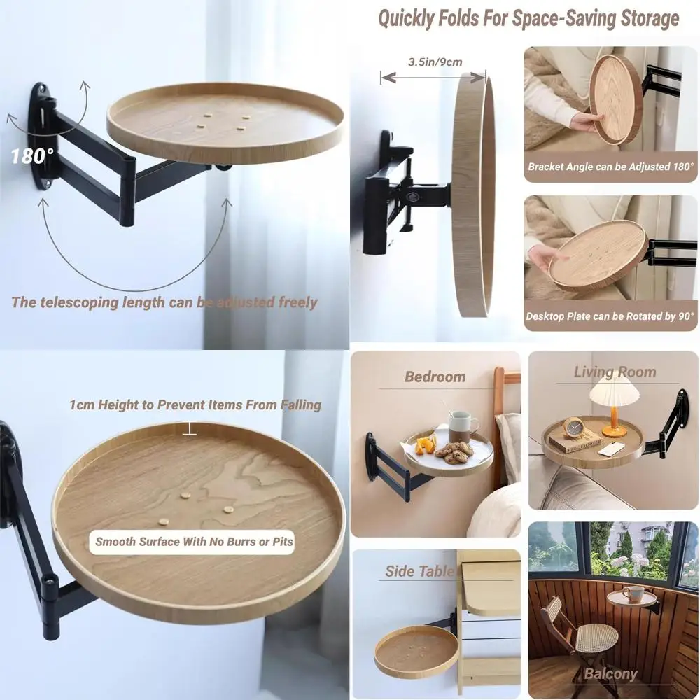 Round Wall-Mounted Folding Desk with Retractable Shelf for Bedroom and Living Room, White Oak, 11.8in (30cm)