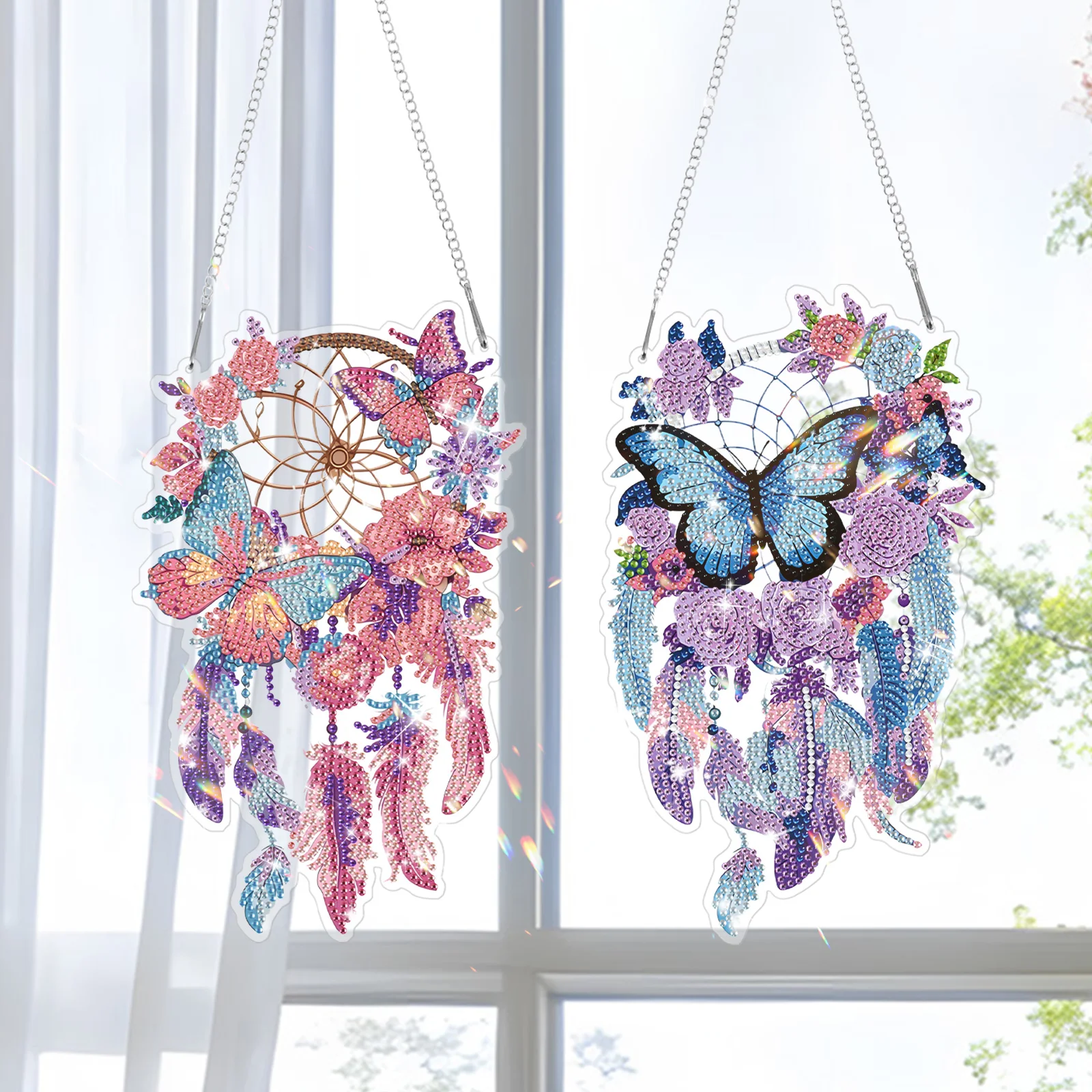 1/2Pcs Dreamcatcher Diamond Art Kit Acrylic DIY Rhinestone Art Hanging Ornament with Chain Diamond Art Kit for Window Home Decor