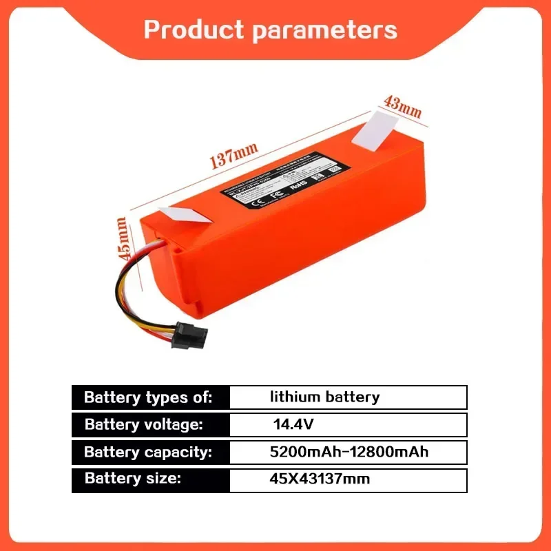 Replacement Battery for Xiaomi Roborock, Robotic Vacuum Cleaner, S55, S60, S65, S50, S51, S5 MAX, S6 Parts, 14.4V, 12800mAh