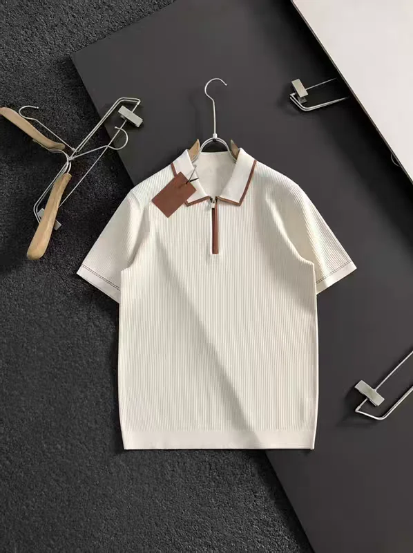 

Italian Style Men's Knitted Shirt Half Zipper Short Sleeve Casual Loose Fit Summer 2026 Stripe Pattern