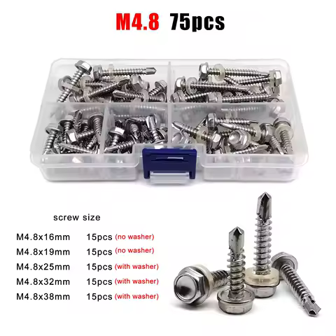 M4.2 M4.8 M5.5 M6.3 410 Stainless Steel Hexagon Flange Head Drill Tail Self-tapping Screw with Washer Collar Mix Size Kit Set
