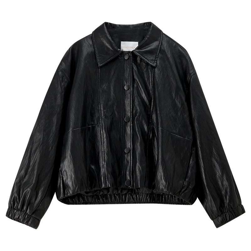 SENTUBILA Faux Leather Jacket for Women 2026 Spring Black Loose Lapel Windproof PU Leather Jacket Retro Women's Coat W61GD6039