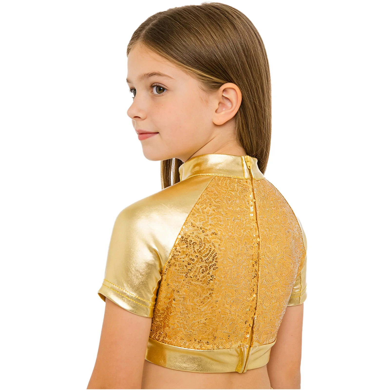 Kids Girls Metallic Sequins Jazz Dance Crop Top Short Sleeve Shiny Shirt Tops School Show Cheerleading Hip Hop Street Dancewear