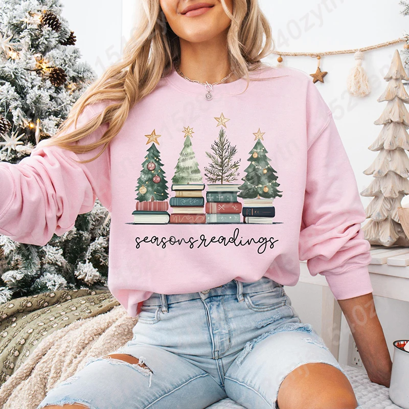 Bookish Christmas Sweatshirt, Seasons Readings Sweatshirts, Long Sleeves Crew Neck, Teacher Xmas Gifts, Women Xmas Sweatshirt