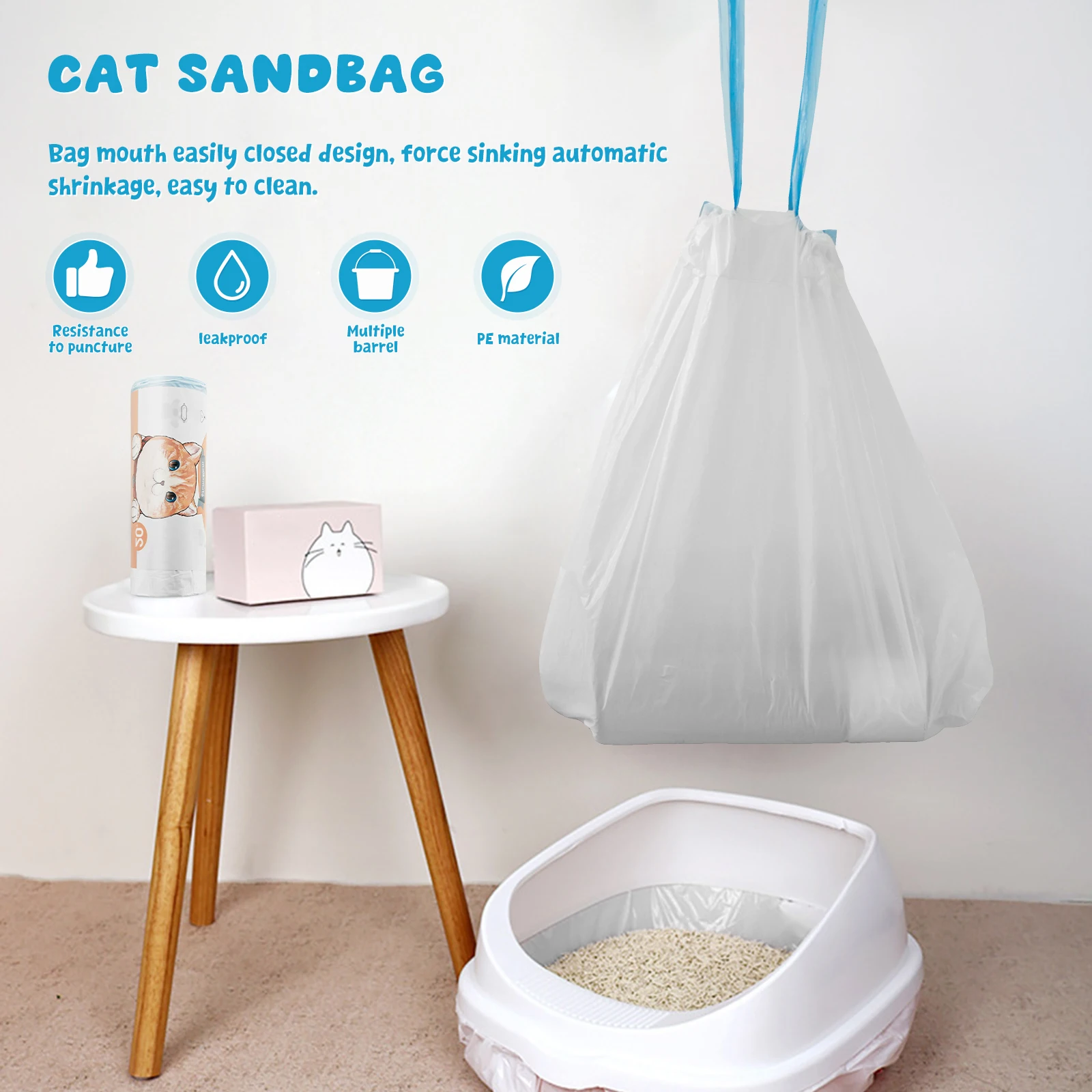 3 Rolls Cat Poop Bags Litter Box Extra Thick Large Drawstring Closure Heavy Duty Tear Resistant Pet Litter Box Clean Bags