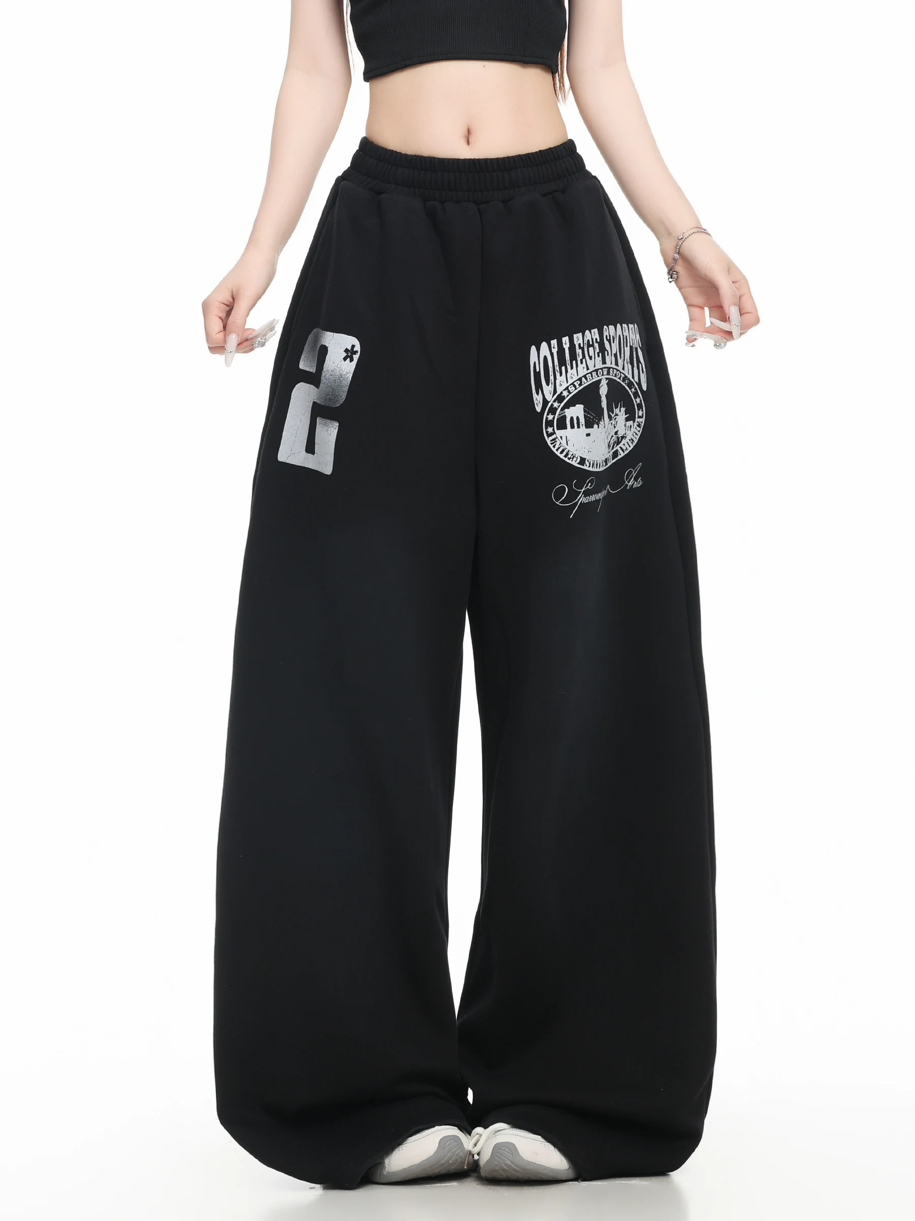 BASTERDS American Letter Print Loose Wide Leg Sweatpants Women's Lazy Draping Floor-Length Straight Leg Trousers Casual Cotton
