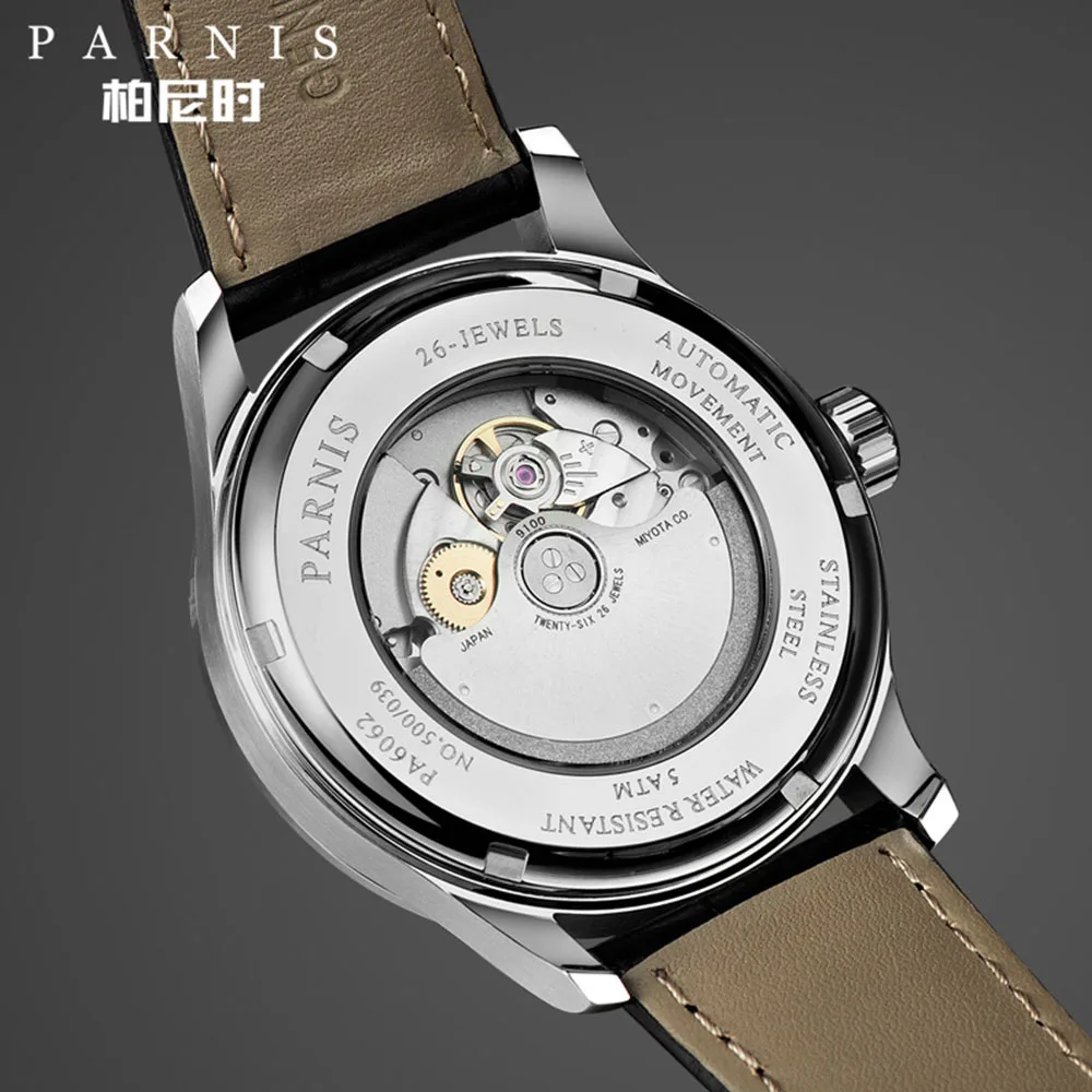 Parnis 43mm Sapphire Crystal Miyota9100 Automatic Men's Watch Power Reserve Indicator