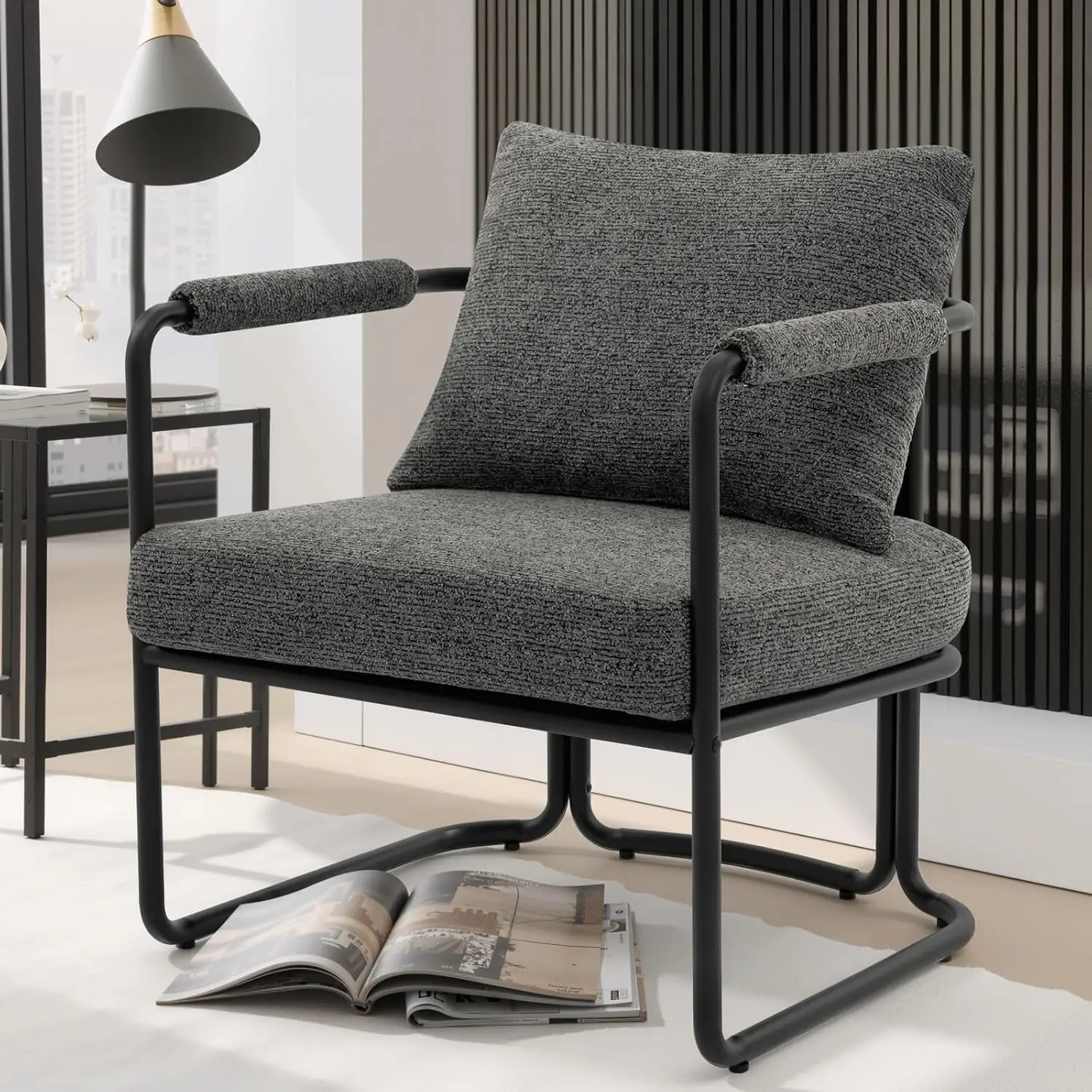 

Century Modern Accent Chair, Comfy Upholstered Lounge Arm Chair with Chenille Fabric & Metal Frame for Living Room, Bedroom,