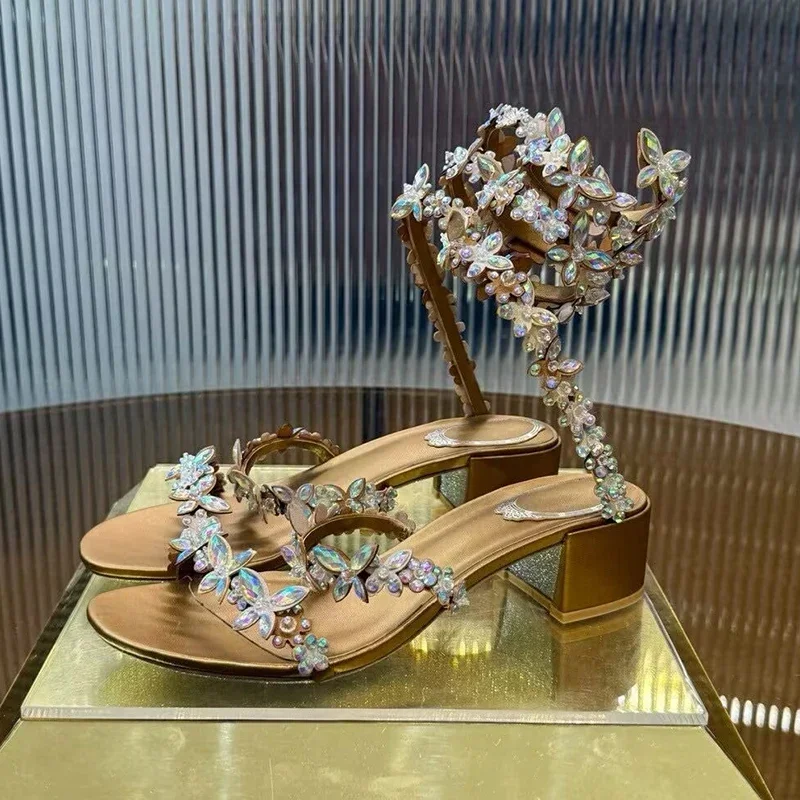 Crystal Butterfly Ankle Snake Shaped Winding Wedding Shoes Women Thin High Heels Sandals Summer Stiletto Gladiator Sandalias