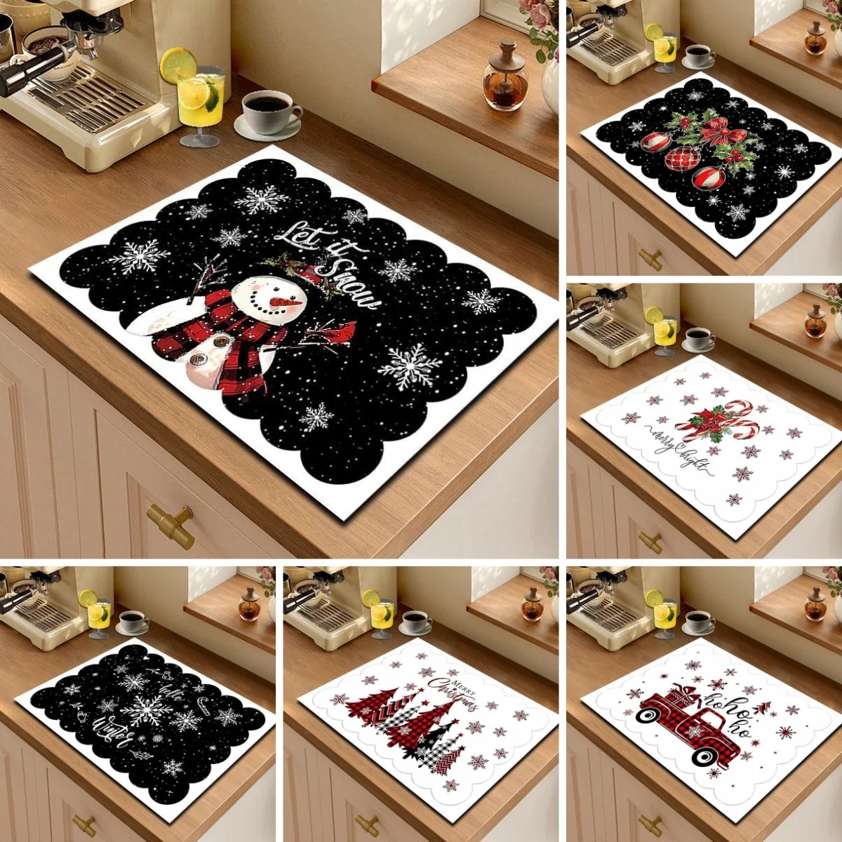 VIKAMA Christmas Dish Drying Mat Black White Snowman Plaid Scarf Let It Snow Sink Mat Kitchen Pad 2027 Christmas Home Decor