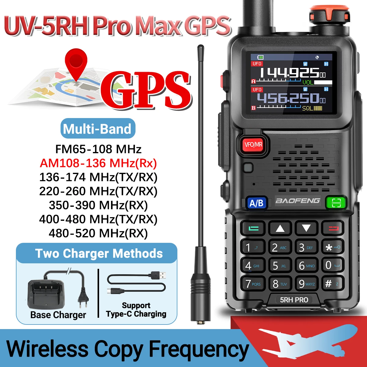 BAOFENG UV-5RH 프로 맥스 GPS 워키토키, 멀티 밴드 무선 복사 주파수, C타입 NOAA 업그레이드, UV-5RH UV-17 프로 GPS 햄 라디오 